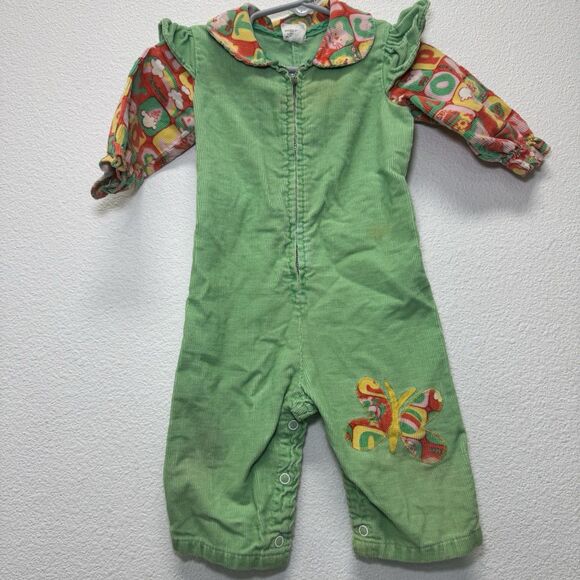 Sears Girl 6 Months Green 70s Corduroy Jumper Overalls Vintage Butterfly Clown - Picture 1 of 8